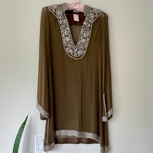 Alka Vora Silk Tunic With Sequin Detail In Brown One Size Fits Most